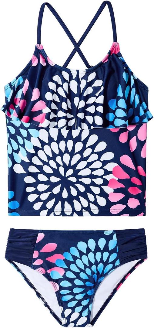 Century Star Girls Tankini Charlotte Flounce Swimsuit Two Piece Swimwear Bathing Suit Set for Summer Beach (6-7 Years, Navy Fireworks)