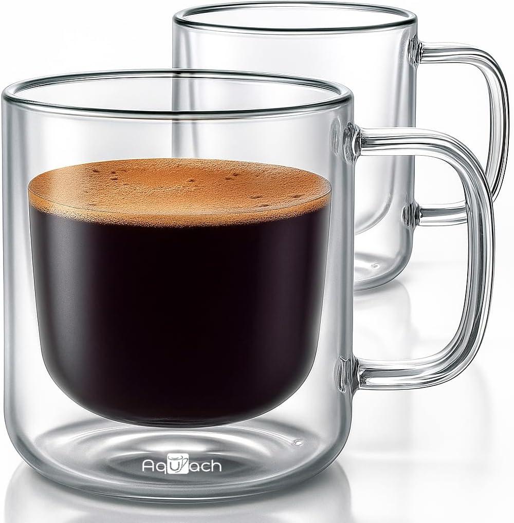Aquach 2-Pack Double Walled Insulated 8oz Glass Coffee Mugs with Handle - Ideal for Espresso, Latte, Americano, and Cappuccino