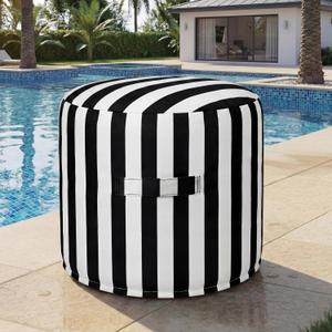 Outdoor Ottoman Waterproof Bean Bag Footrest Round Pouf Comfortable Footstool with Portable Handle, 21 x 17 Inches Colorfast Striped Fabric for Pool Patio Yard Garden(Black & White Stripes), 11"D x 11"W x 8.1"H