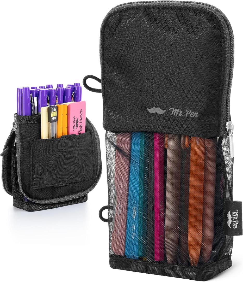 Mr. Pen- Standing Pencil Case Pouch, Sit & Lay Mesh-View Design, Black with Gray Zipper, Interior Pocket & 2 Elastic Binder Loops, Cute Pencil Case for Girls and Boys