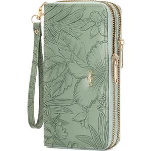 Wallet for Women Clutch Double Zip Around Credit Card Holder Leather Women's Wallet Large Capacity (1A-Green)