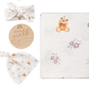 BabyWhale Muslin Swaddle Blanket with Hat and Headband Bow, Flower and Bear Print Swaddle Set for Baby Boys ＆ Girls, Soft Breathable Unisex Receiving Blanket Wrap, 47x47 inches