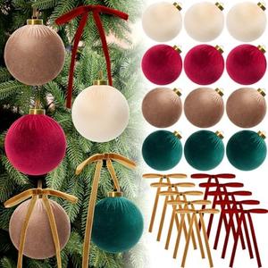 Liliful 4 Inch Red and Green Velvet Christmas Ornaments Set, 6 Large Flocked Ornaments Ball, 24 Christmas Velvet Ribbon Bows 5 x 7, Shatterproof Vintage Xmas Tree Wreath Mantel Hanging Decor