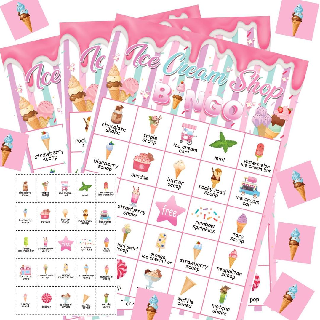 Kavoc Ice Cream Bingo Game for 24 Players - Party Games Cards for Adults, Baby Shower, Summer Holidays - Ice Cream Party Supplies