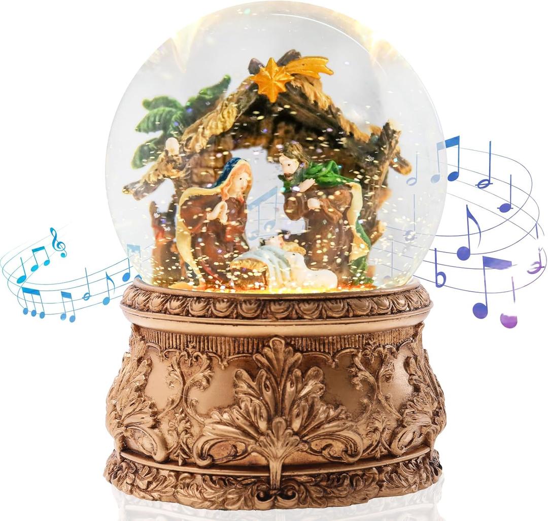 VCUTEKA Christmas Snow Globe, Musical Snow Globes for Girls with Light Up Nativity of Jesus Statue, Christmas Snow Globe Decoration Gift, Battery Operated Snowglobes Christmas Dcor