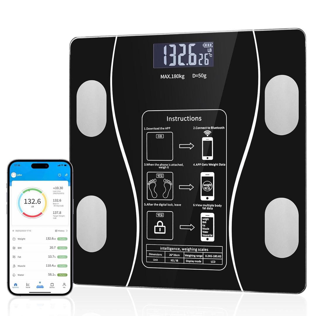 Stylish LED Display Body Fat Scale, Weight Scale, Bluetooth Smart Scale with Health app Integration, Body Fat and Health Monitor with app sync, Suitable for Bathroom (Black)