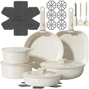 26 Pcs Pots and Pans Set Non Stick, Ceramic Cookware Set Non Toxic with Detachable Handles, Healthy Induction Cookware Oven Safe RV Kitchen Set, PFAS PFOA & PTFE Free, Cream White