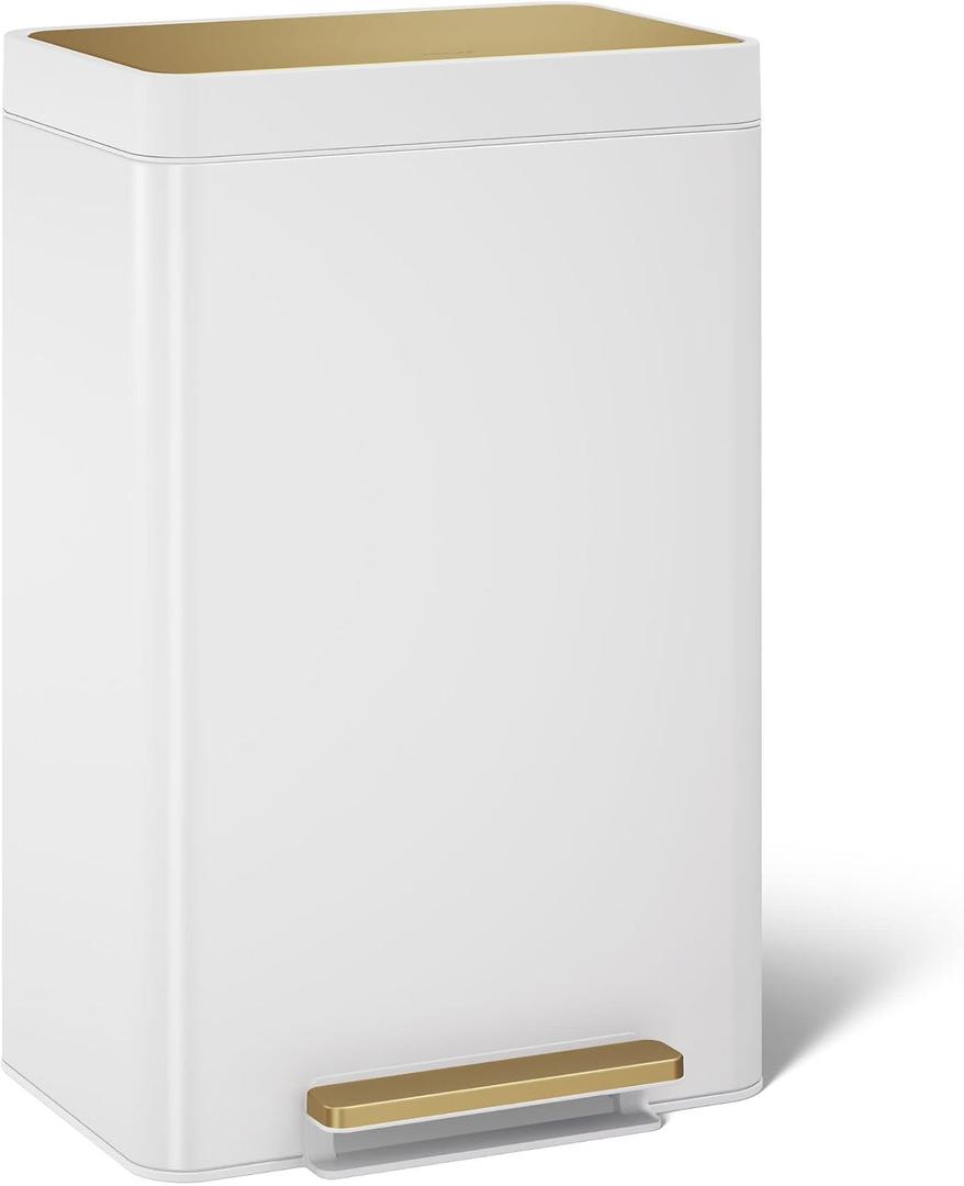Kohler 13-Gallon Stainless Steel Step Trash Can, White Stainless Steel & Moderne Brushed Brass, Hands-Free Pedal, Quiet-Close Lid, K-20940-WMB