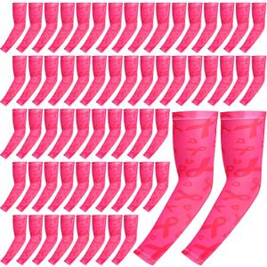 Hercicy 30 Pairs Pink Ribbon Arm Sleeves Breast Cancer Awareness Sleeves for Football Baseball Sports Accessories (Rose Red)