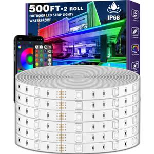 500ft Outdoor LED Strip Lights Waterproof,IP68 Outside Led Light Strips Waterproof with App and Remote,Music Sync RGB Exterior Led Rope Lights with Self Adhesive Back for Roof,Deck,Balcony