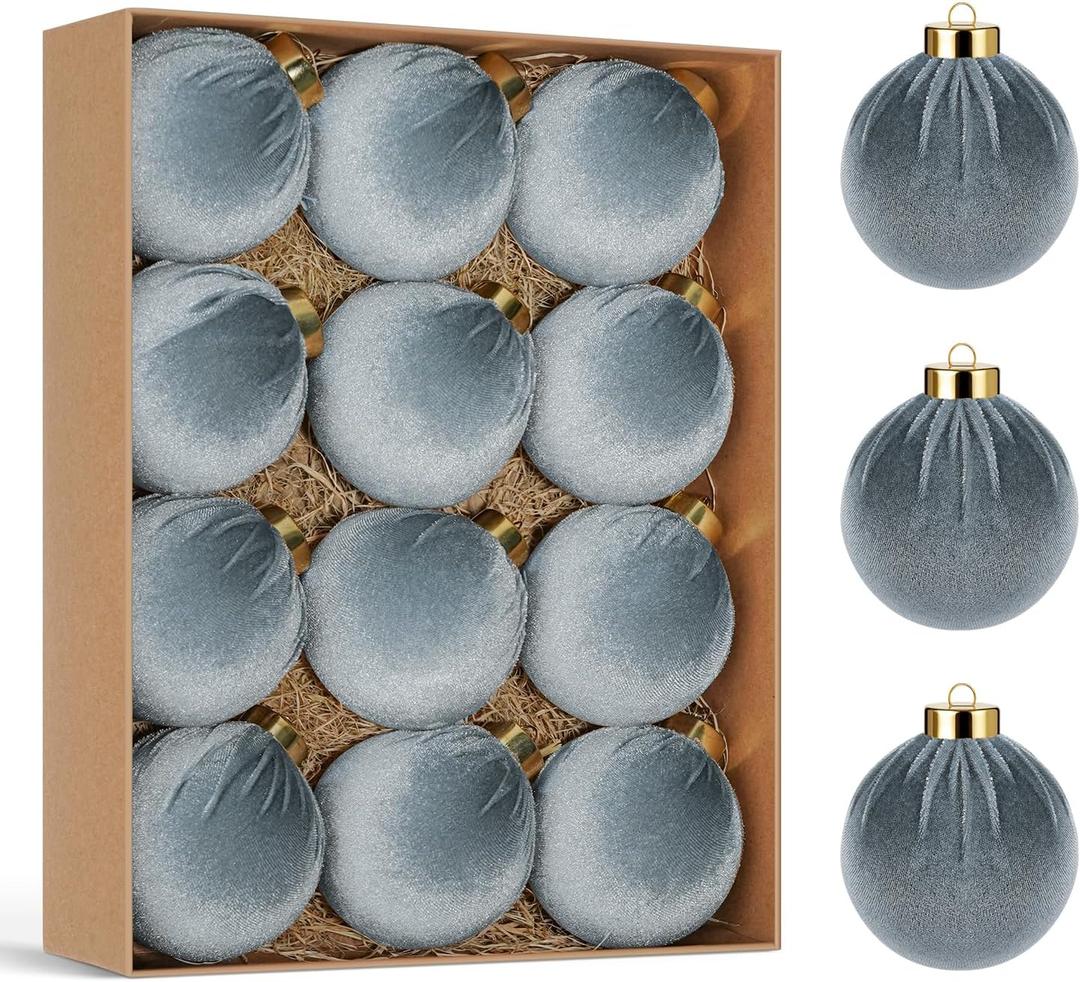 Christmas Tree Ornaments Velvet Balls, 14 PCS Plastic Shatterproof Xmas Hanging Balls for Winter Holiday Decor 80mm 3.15 inch Grey