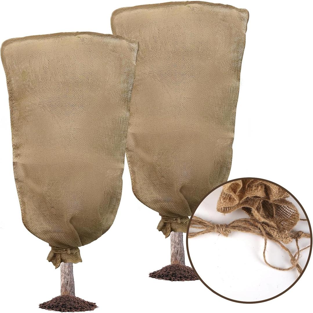 2PCS 45.3 X 70.9Inch Winter Burlap Plant Cover Bag, Large Burlap Bags with Drawstring Reusable Plant Covers,Frost Cloth Cold Freeze Protection Cover Bags Tree Freeze Blanket for Outdoor Plants (Brown)