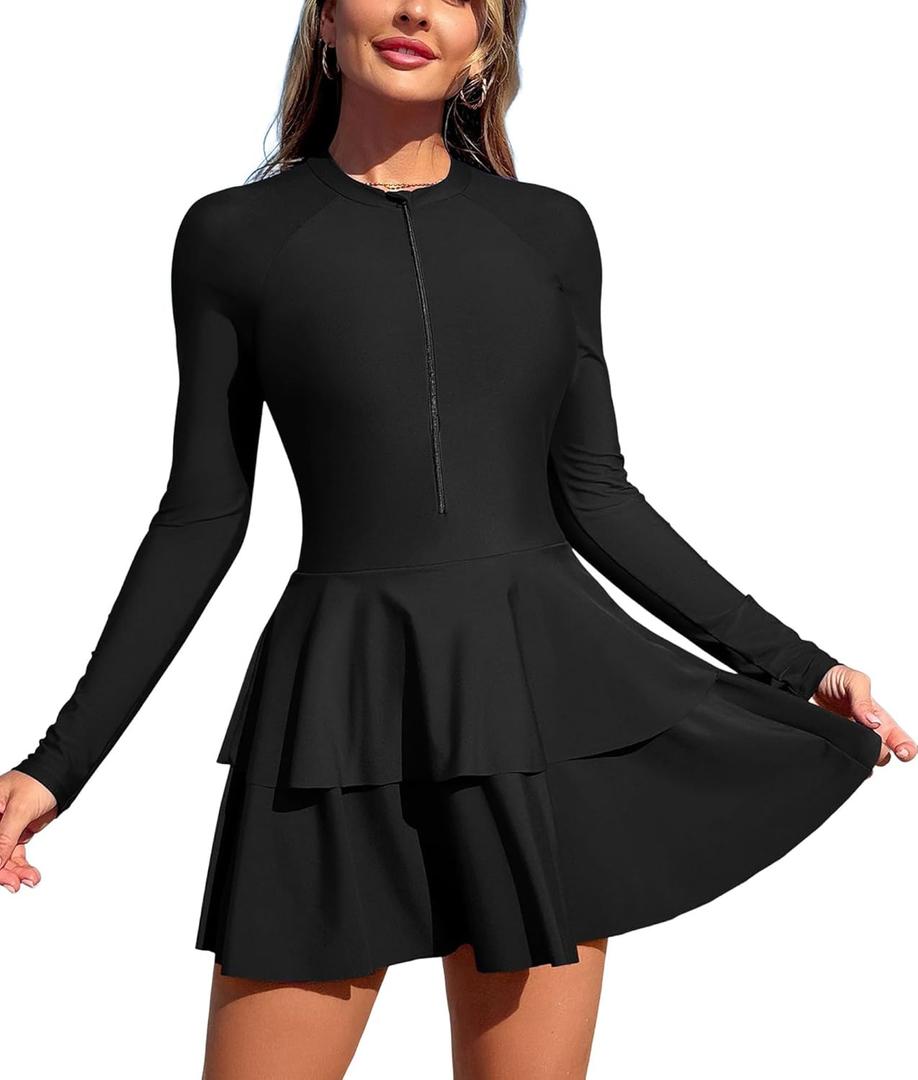 ZAFUL Women's One Piece Rash Guard Long Sleeve Modest Swimsuits Dress Zipper Bathing Suit Swimskirt, black, XX-Large