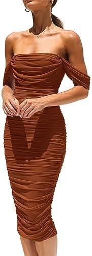 PRETTYGARDEN Summer Off The Shoulder Ruched Bodycon Dresses Sleeveless Sexy Party Club Midi Dress, M