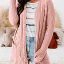 MEROKEETY Women's Casual Long Sleeve Open Front Cable Knit Cardigans Lightweight Solid Color with Pockets (Large, Pink)