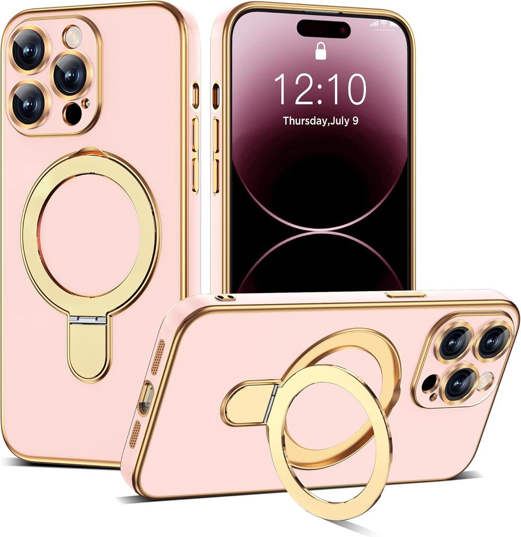 Compatible with iPhone 14 Pro Max Case with Magnetic Ring Stand [Compatible with Mag-Safe] [Full Camera Lens Protector] Soft Plating Phone Case for iPhone 14 Pro Max 6.7", Solid Pink