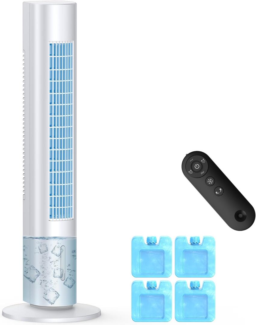 Evaporative Air Cooler, 35" Windowless Air Conditioner Portable, 3 Speeds, 1.2L Water Tank, 3 Ice Packs, 20ft Remote, 7H Timer, No Hose No Window Needed,70 Oscillating Portable AC Unit for Room