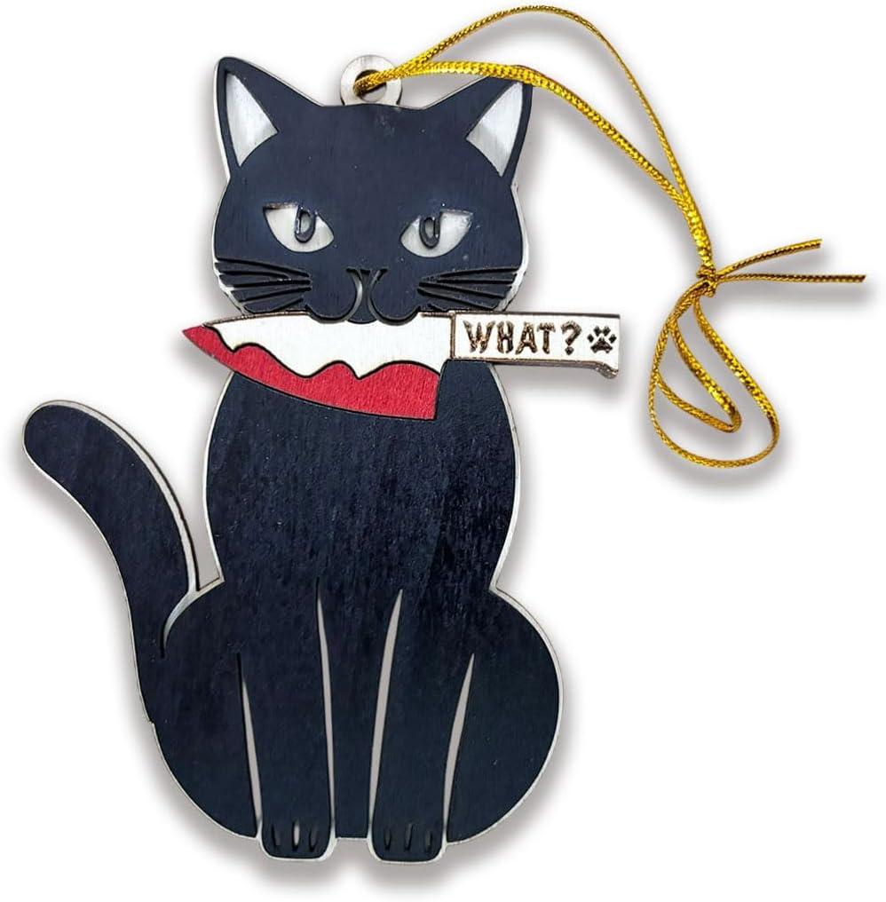 2 x Black Cat What Wooden Christmas Ornament - Fun Black Kitten Holiday Decoration for Kitten Owners - Festive Tree Ornament with Cat in a Christmas Tree Design