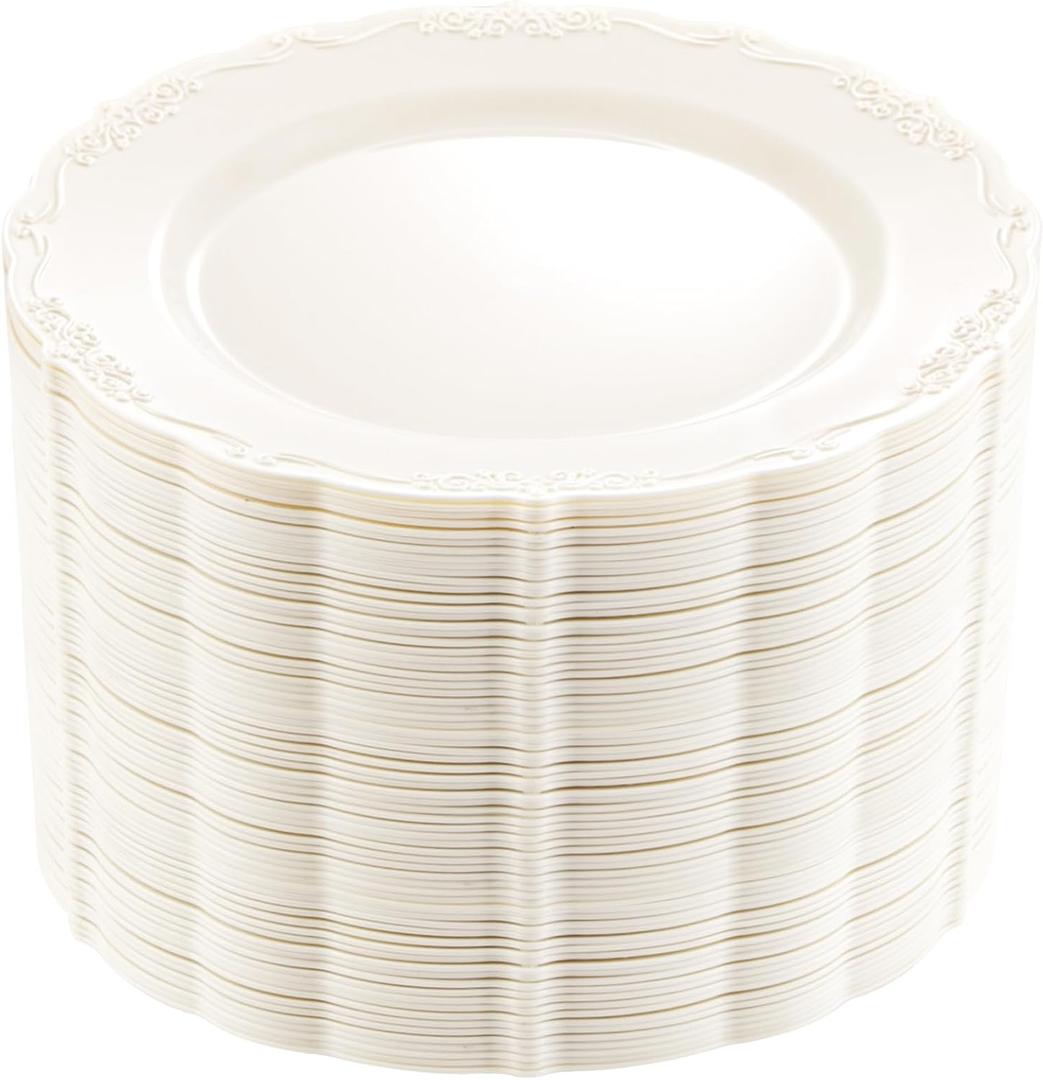 DaYammi 60PCS Ivory Plastic Plates, Party Plates Disposable Heavy Duty Disposable Plates Premium 7.5inch Ivory Dessert Cake Salad Appetizer Plate Hard Plastic Platos Disposable for Party Wedding