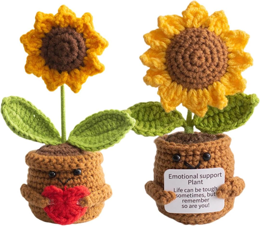 Emotional Support Crochet Sunflower, 2 Pcs Crocheted Plush Plant Flowers, Handmade Knitted Flowers Doll, Positive Sunflowers Plant Decor with Positive Card, Encouraging Cheer Up Flower Gifts for Women (Loving Heart)