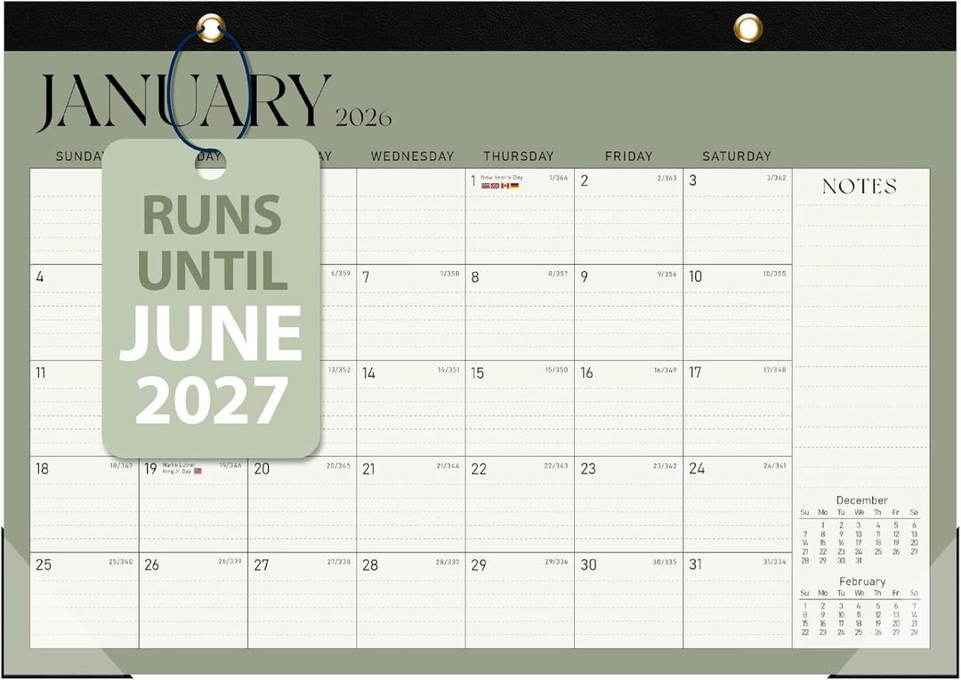 5 x 2026 Desk Calendar, Large Desktop/Wall Monthly Calendar (Jan. 2026 - Jun. 2027) 17'' x 12'' School Year Desk Planner for Teacher Family School Office Supplies (Green)
