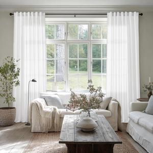 SHINELAND 105 Inch Long Curtains, White Linen Semi Sheer Light Filtering Curtains for Living Room Set of 2 Panels, 104 Inch Curtain