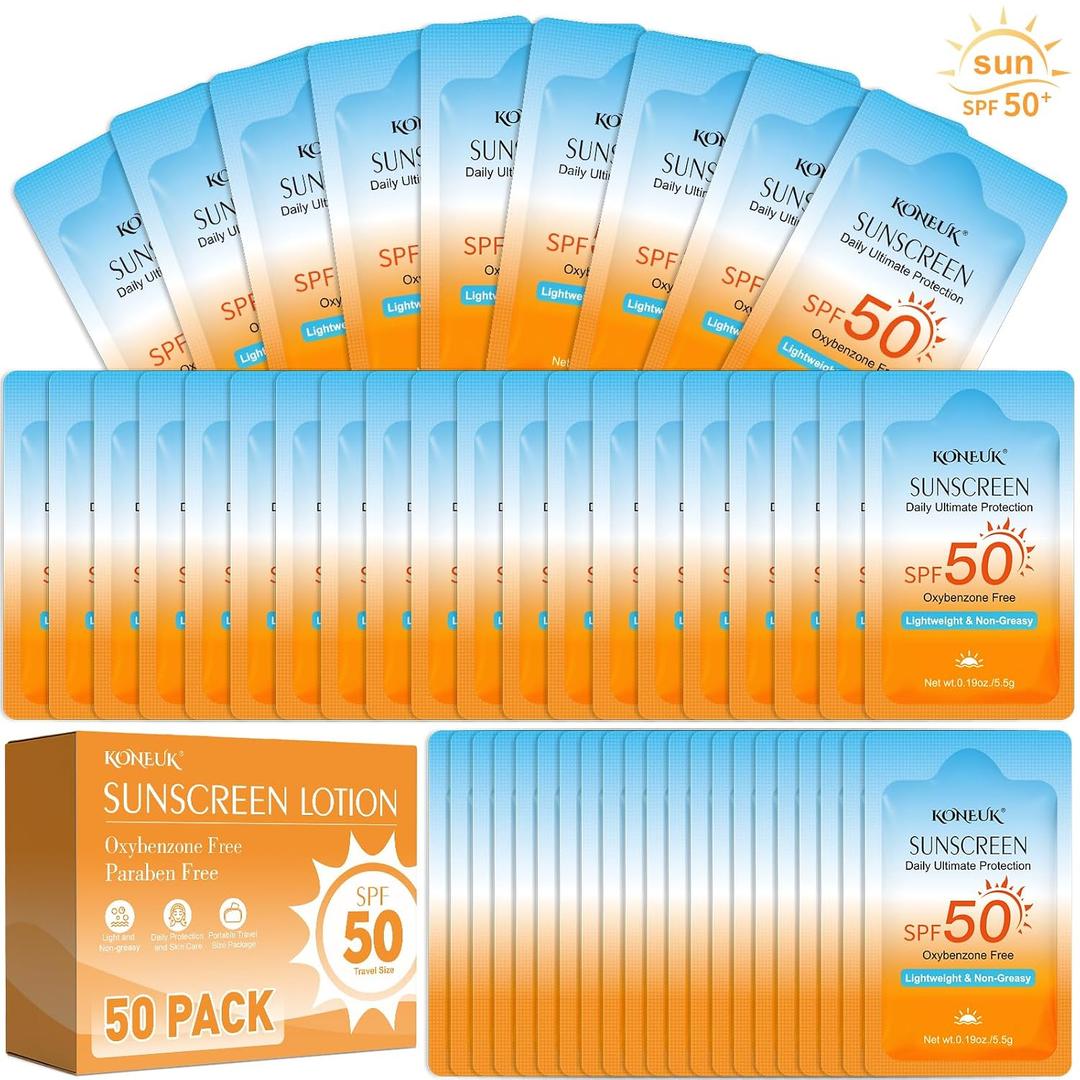 50 Pack Bulk Travel Size Sunscreen for Face and Body, SPF 50 Sunscreen Lotion, Lightweight and Non-Greasy, Mini Size for Summer Travel, Outdoor Activities, 0.19 OZ/Pack