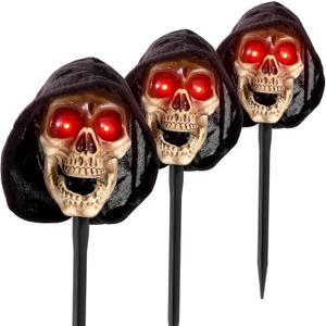 Halloween Animatronics Decorations Grim Reaper Pathway Markers, Scary Talking Skull Stakes with Sound Activated, Light Up Eyes, Mouth Move, Spooky Haunted Horror Prop for Lawn Yard, Outdoor, (3Pack)