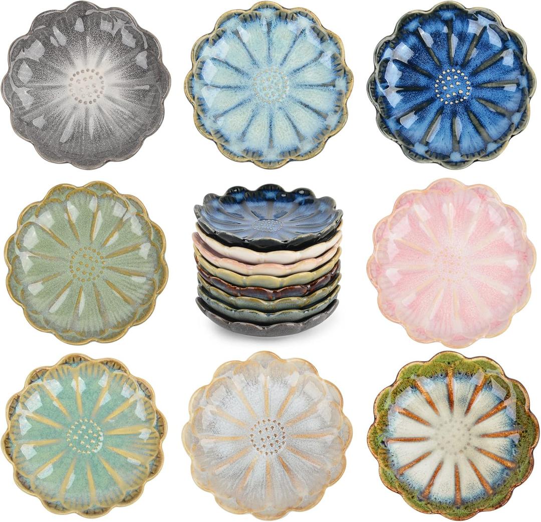 Ceramic Dipping Bowls Set of 8, 3 oz Sauce Cups, Chrysanthemum Round Small Side Dish for Sushi, Tomato, Soy Sauce, Condiment Finger Bowls