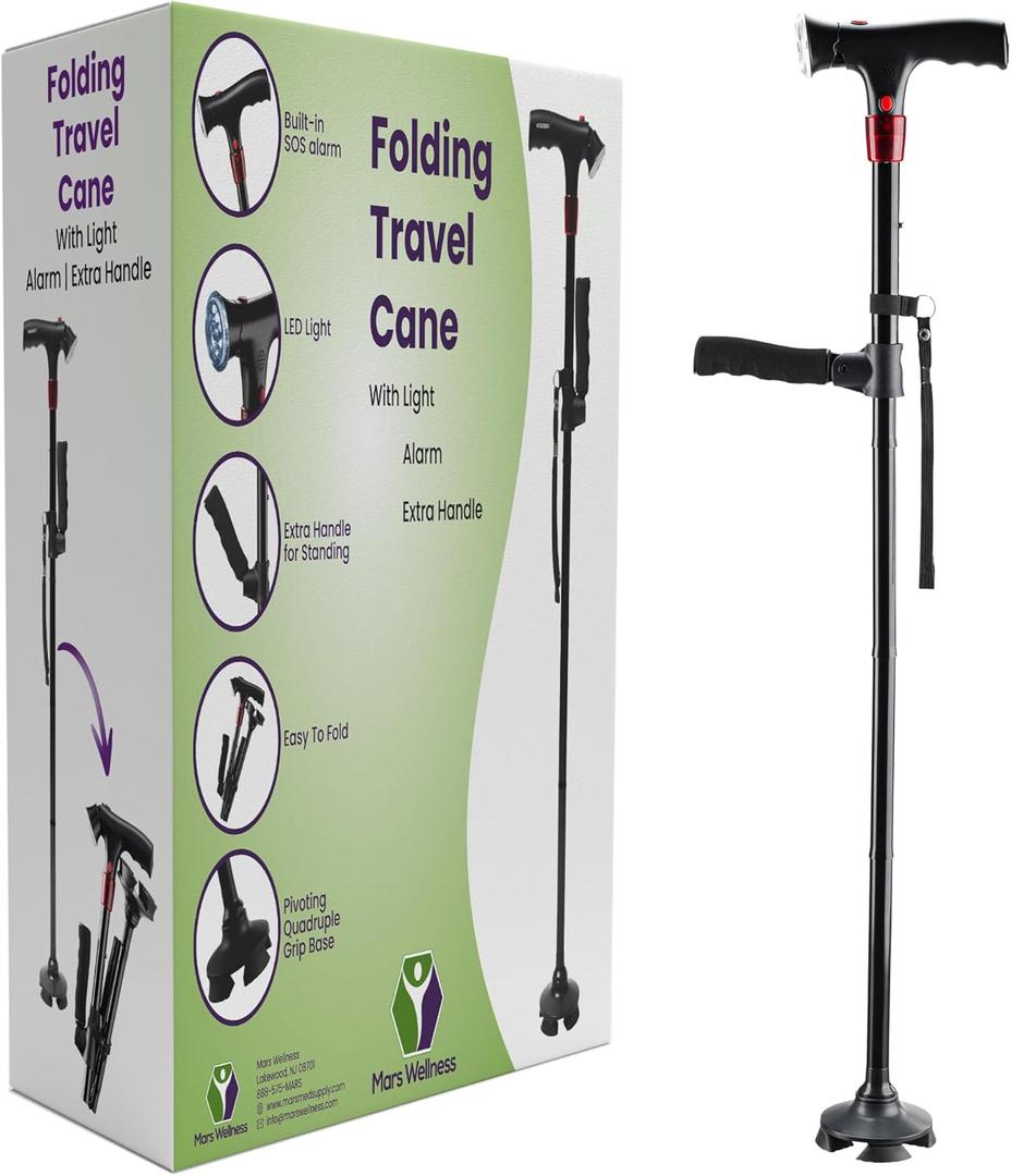 Smart Walking Cane with LED Light - Foldable, Adjustable Cane with Flashlight & Alarm for Seniors, Men & Women - Self Standing Tripod Cane - Collapsible Travel Support Stick