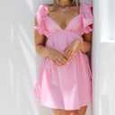 Zebaexf Womens Spring Summer V Neck Knot Back Causal Strap Short Flowy Swing Mini Dress (Pink, L)