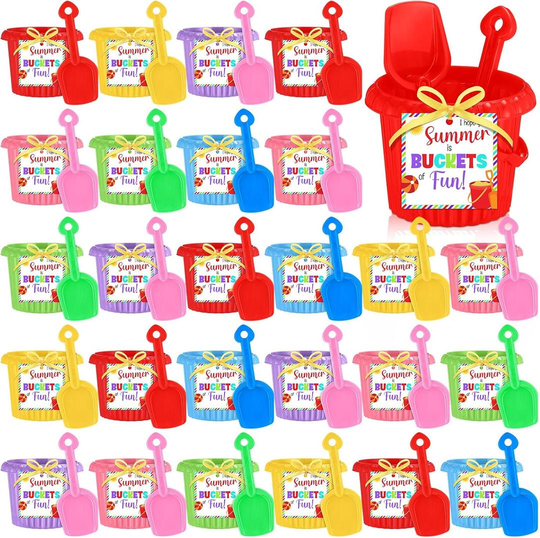 48 Pcs End of The Year Gift Summer Gifts 6 Inch Sand Beach Buckets and Shovels Bulk with Gift Cards Plastic Beach Pails WaterBucket for Graduation Summer Pool Party Favor(Striped Style)