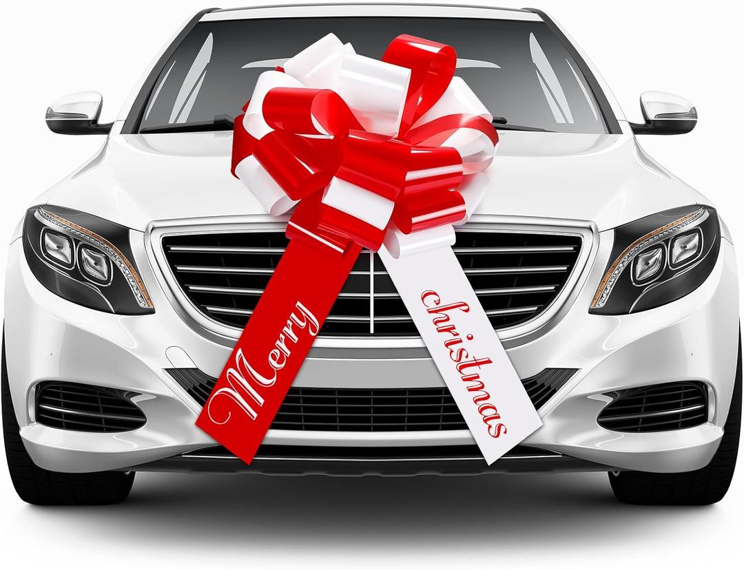 20 Inch Merry Christmas Car Bow Giant Bow for Car Decoration Pull Bow Large Wrapping Car Ribbon Bow for Christmas Birthday Graduation Party Car Decorations Decoration (Red, White)