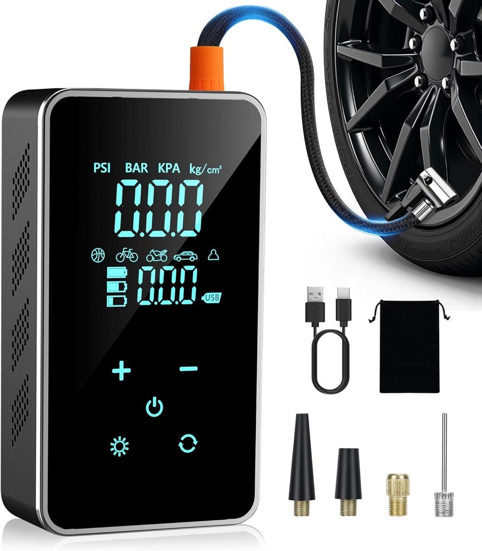 Tire Inflator Portable Air Compressor-18000mAh&150 PSI Portable Air Compressor for Car Tires-Air Pump Cordless Dual Value Inflation, Bike Pump With Tire Gauge, LED Light, Touch Screen