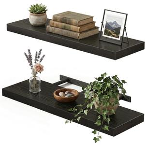Fixwal Black Floating Shelves for Wall, 22" Long Wall Mounted Rustic Wood Shelves for Living Room, Bedroom, Bathroom and Kitchen, Wall Shelves for Storage, Books, Room Decor Set of 2, 22in