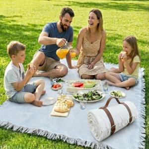 White Picnic Blanket, Extra Large Soft Cotton Gauze Picnic Rug 71"x71", Lightweight Breathable Blanket with Leather Handle, Machine Washable for Beach, Camping, Park, Couples (Cream), 5'10" x 5'10"