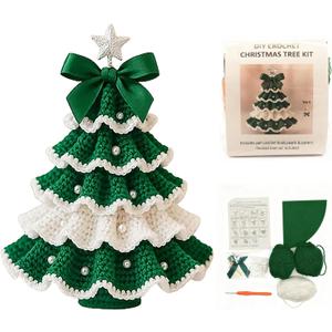 DIY Crochet Christmas Tree Kit – Handmade Holiday Decoration Set, Parent-child activities craft kit, Tree Bow Pearl Embellishment, Cross-stitch by hand, Festive decorations (Multicolour) (Green & White)