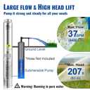 VEVOR Deep Well Submersible Pump, 1HP 115V/60Hz, 37gpm Flow 207ft Head, with 33ft Electric Cord, 4" Stainless Steel Water Pump for Industrial, Irrigation&Home Use, IP68 Waterproof Grade