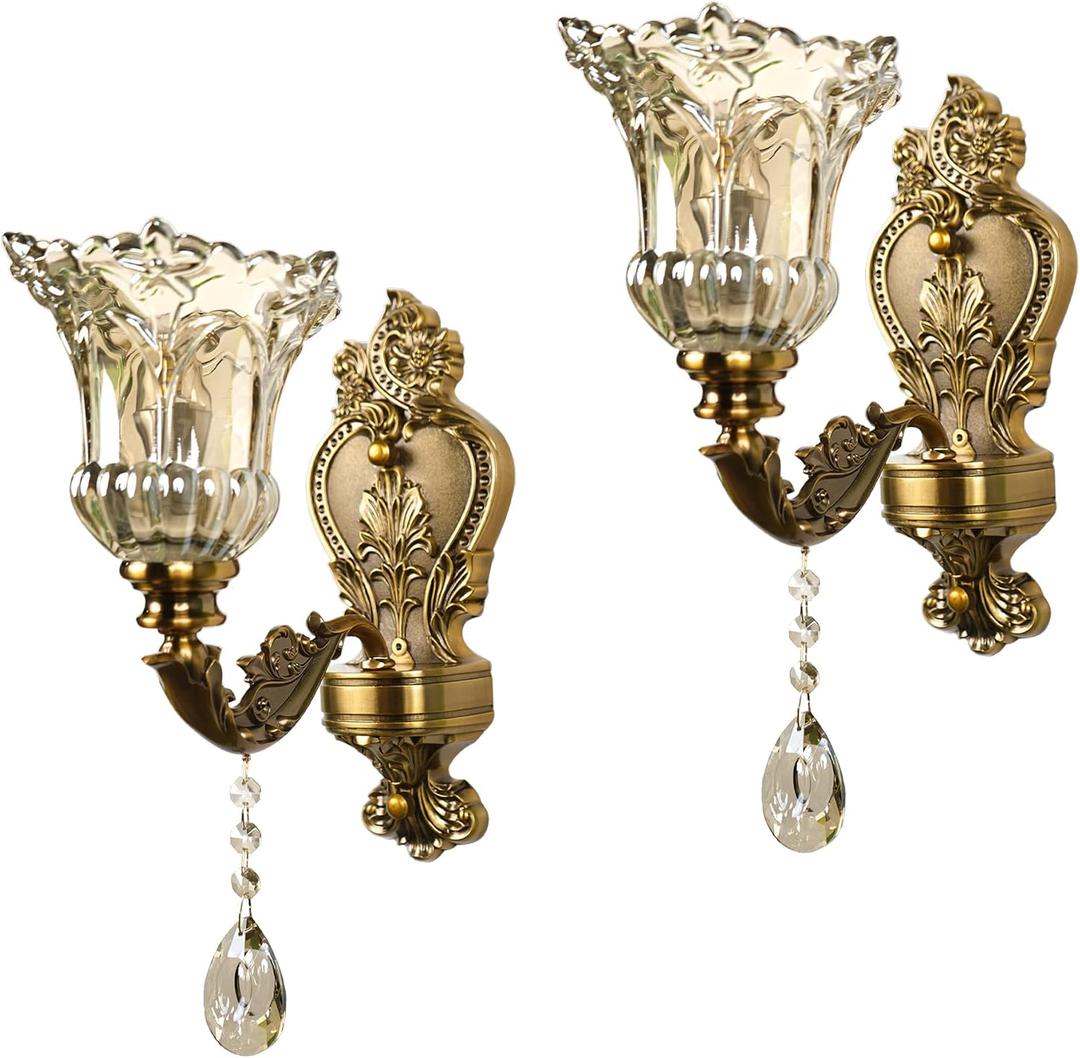Glass Wall Sconce Set of 2, Antique Brass Wall Light, Crystal Floral Bedside Wall Lamp for Entrance, Bedroom, Hallway