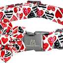 Lionheart glory Valentine's Day Dog Collar-Red Hearts Print Dog Collar with Flower for Small Dogs Spring Pink Cute Dog Bow Collars Female Puppy Collar Flowers Pet Gift