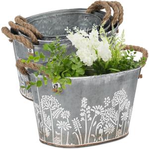 3 Pack Oval Galvanized Planter Tubs, Garden Metal Rustic Flower Pots for Outdoors, Rustproof Tin Bucket Vintage Plant Pot, Large Shallow Flower Bucket with Handles