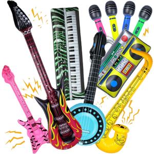 10 Pieces Inflatable Instruments Party Props Set Photo Booth Props Inflatable Guitar Saxophone Bass Lute Microphone Recorder Piano Theme Party Rock Toys Decorated Vintage Period Party