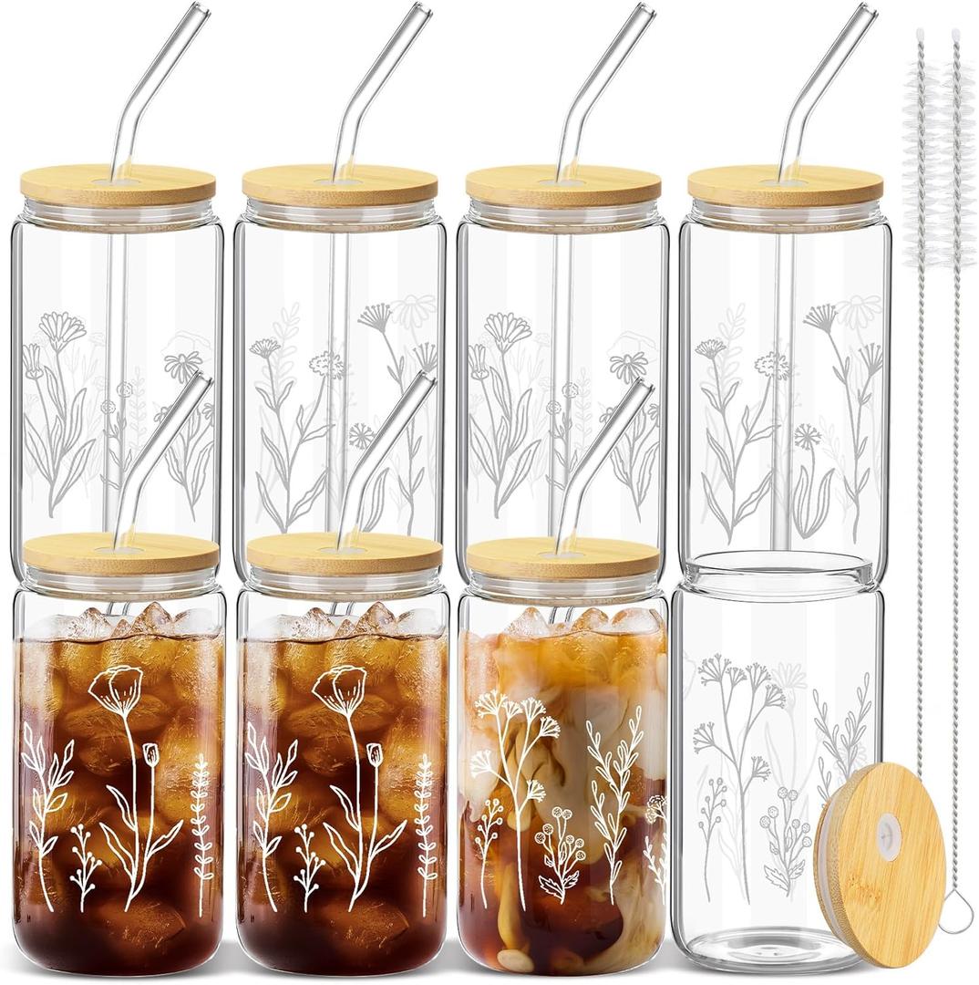 Zubebe 8 Pcs Wildflower Design Beer Glass with Lids and Straw Floral Glasses Boho Iced Coffee Cup Cute Coffee Tumbler Aesthetic Boho Coffee Mug with 2 Cleaning Brushes for Drinking (Clear)