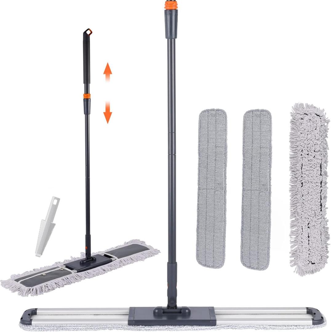 Flat Mop for Cleaning Floors Heavy Duty Microfiber Wet Mop Deep Cleaning for Hardwood, Tile & Laminate, Includes 4 Reusable Washable Pads and Adjustable Long Handle (36 in Mop Set)