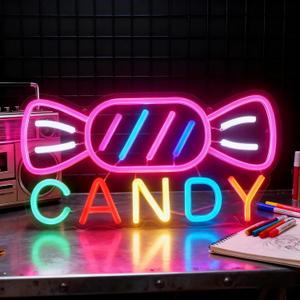 Candy Neon Sign for Wall Decor Candyland Party Decorations, Candy Bar Sign, Store Logo, Birthday Decorations, Candy Light for Candy Shop, Kids' Room, Dimmable USB Powered Colorful 13.7""x7""