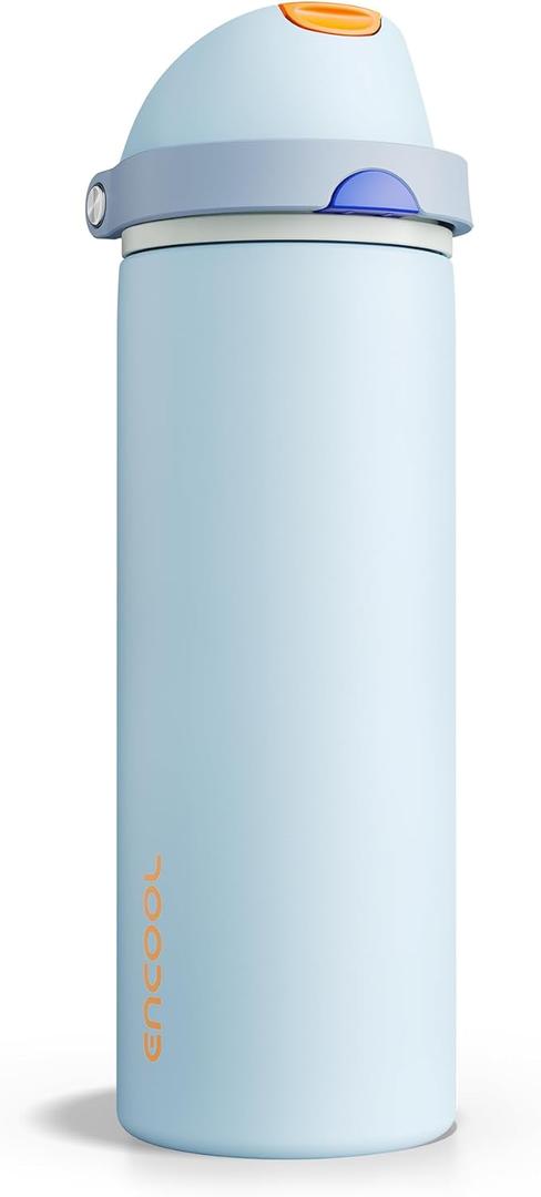 Insulated Water Bottle with Straw - Encool Stainless Steel Water Bottle with Push Button Lid, Leak-Proof & BPA-Free, Keeps Cold for 24 Hours for Sports, Travel, Gym (24 oz, Hazy Blue-Blue)