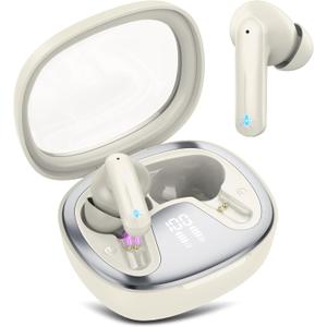 Wireless Earbuds, Bluetooth 5.4 Headphones, HiFi Stereo Bass Ear Buds, in Ear Earbuds with 4 ENC Noise Cancelling Mic, 45H, LED Display, IP7 Waterproof, Earphones for Android/iOS Sports, Off-White