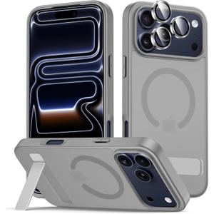 LEKEVO Stand for iPhone 17 Pro Max Magnetic Case, Compatible with MagSafe, Built-in Kickstand, Camera Lens Protector, Translucent Matte Slim Silicone Shockproof Hard Back Phone Cover, Gray