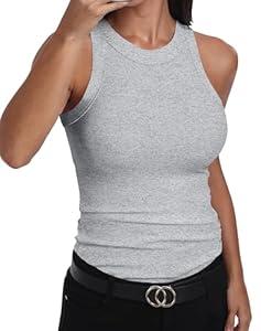 GEMBERA Womens Sleeveless Racerback High Neck Casual Basic Cotton Ribbed Fitted Tank Top Grey, Small
