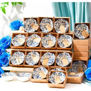 SiliFine 24 Pcs Wedding Favors for Guests Small Ceramic Bowl Bulk Gifts Set 3.3 Inch Floral Design Mini Dipping Sauce Dish with Card Box for Bridal Pooja Baby Shower Birthday (Flower,Blue)